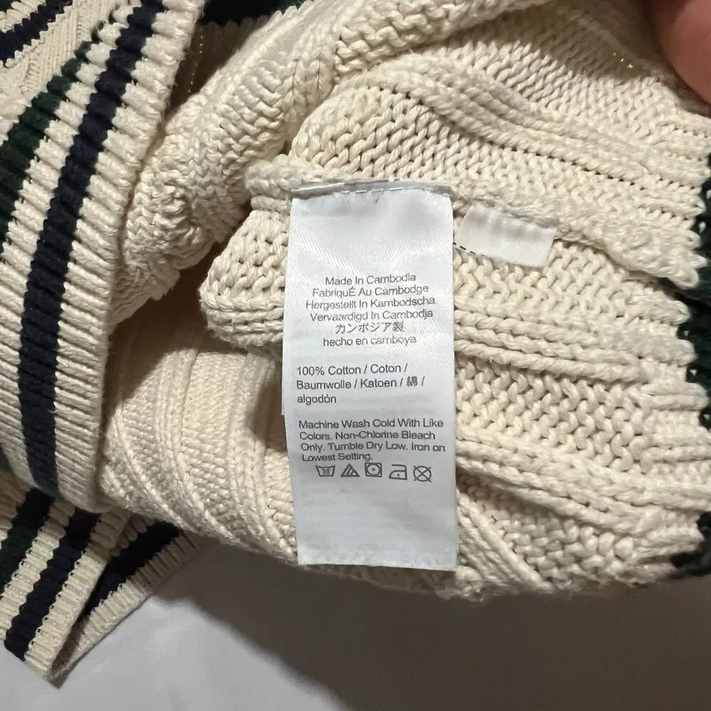 J.Crew Men's Heritage Cotton Cable-Knit V-Neck Sweater Cream Striped XL BI849